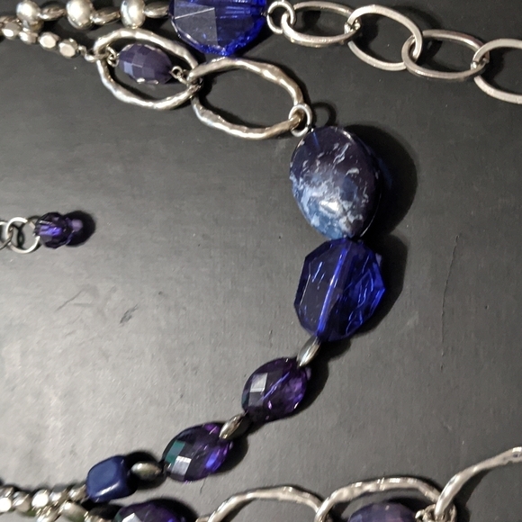 Silver Tone Blue Swirl and Purple Crystal Layered Statement Necklace - Picture 2 of 5